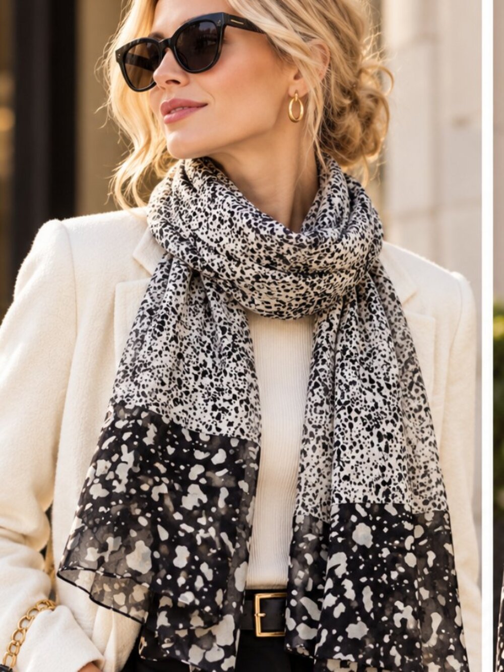 Private Label Women's Silk Scarf | Black & White Abstract Print, 17" x 60"
